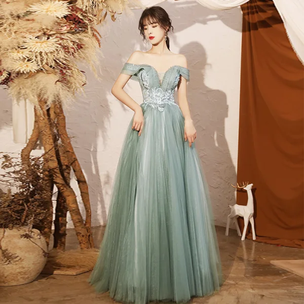 Elegant Sage Green Dancing Prom Dresses 2020 A-Line / Princess Off-The-Shoulder Short Sleeve Appliques Lace Beading Floor-Length / Long Ruffle Backless Formal Dresses