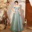Elegant Sage Green Dancing Prom Dresses 2020 A-Line / Princess Off-The-Shoulder Short Sleeve Appliques Lace Beading Floor-Length / Long Ruffle Backless Formal Dresses