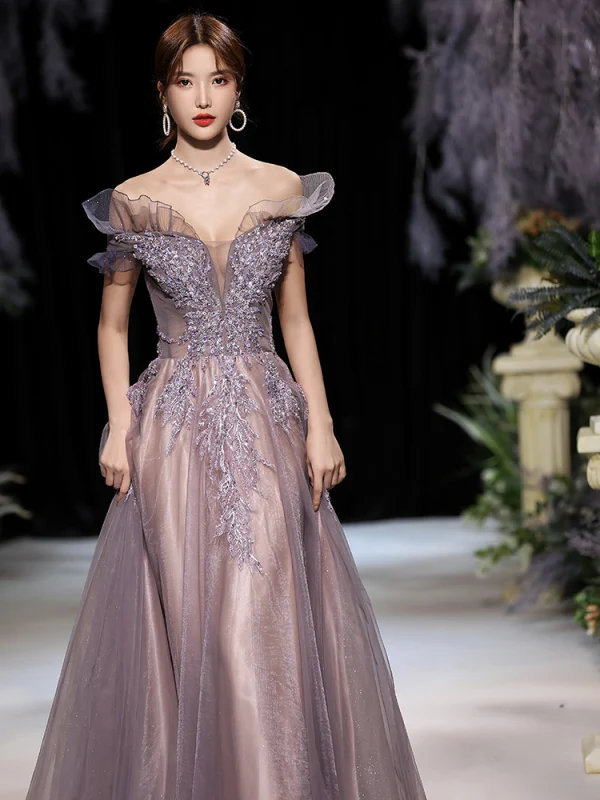 Elegant Grape Dancing Prom Dresses 2020 A-Line / Princess Off-The-Shoulder Short Sleeve Appliques Lace Beading Glitter Tulle Floor-Length / Long Ruffle Backless Formal Dresses
