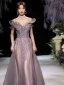 Elegant Grape Dancing Prom Dresses 2020 A-Line / Princess Off-The-Shoulder Short Sleeve Appliques Lace Beading Glitter Tulle Floor-Length / Long Ruffle Backless Formal Dresses
