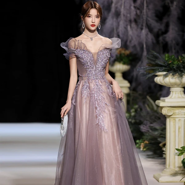 Elegant Grape Dancing Prom Dresses 2020 A-Line / Princess Off-The-Shoulder Short Sleeve Appliques Lace Beading Glitter Tulle Floor-Length / Long Ruffle Backless Formal Dresses