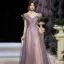 Elegant Grape Dancing Prom Dresses 2020 A-Line / Princess Off-The-Shoulder Short Sleeve Appliques Lace Beading Glitter Tulle Floor-Length / Long Ruffle Backless Formal Dresses