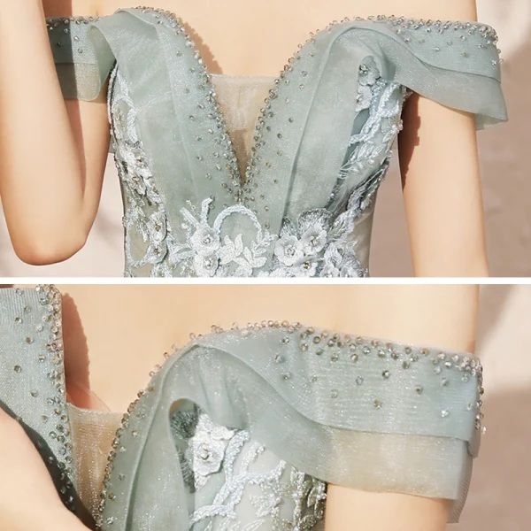 Elegant Sage Green Dancing Prom Dresses 2020 A-Line / Princess Off-The-Shoulder Short Sleeve Appliques Lace Beading Floor-Length / Long Ruffle Backless Formal Dresses