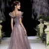Elegant Grape Dancing Prom Dresses 2020 A-Line / Princess Off-The-Shoulder Short Sleeve Appliques Lace Beading Glitter Tulle Floor-Length / Long Ruffle Backless Formal Dresses