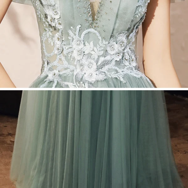 Elegant Sage Green Dancing Prom Dresses 2020 A-Line / Princess Off-The-Shoulder Short Sleeve Appliques Lace Beading Floor-Length / Long Ruffle Backless Formal Dresses