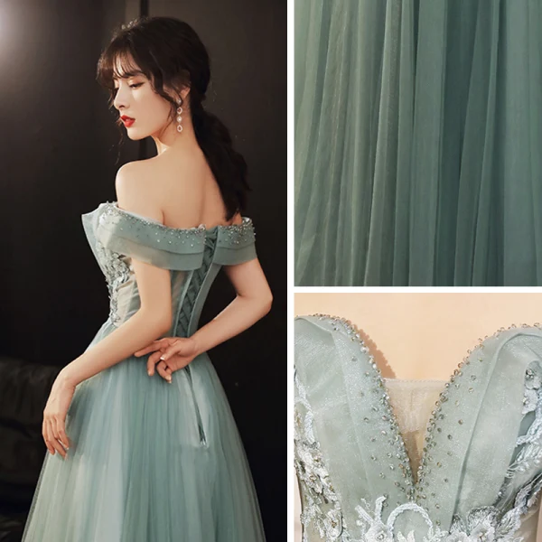 Elegant Sage Green Dancing Prom Dresses 2020 A-Line / Princess Off-The-Shoulder Short Sleeve Appliques Lace Beading Floor-Length / Long Ruffle Backless Formal Dresses