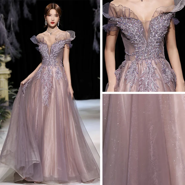 Elegant Grape Dancing Prom Dresses 2020 A-Line / Princess Off-The-Shoulder Short Sleeve Appliques Lace Beading Glitter Tulle Floor-Length / Long Ruffle Backless Formal Dresses