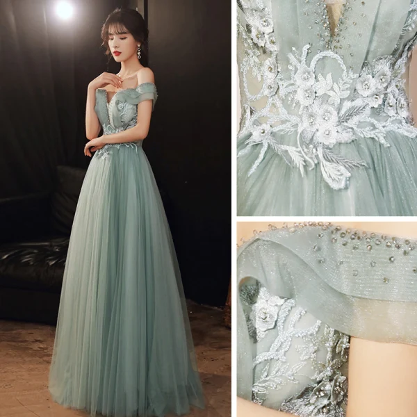 Elegant Sage Green Dancing Prom Dresses 2020 A-Line / Princess Off-The-Shoulder Short Sleeve Appliques Lace Beading Floor-Length / Long Ruffle Backless Formal Dresses