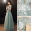 Elegant Sage Green Dancing Prom Dresses 2020 A-Line / Princess Off-The-Shoulder Short Sleeve Appliques Lace Beading Floor-Length / Long Ruffle Backless Formal Dresses