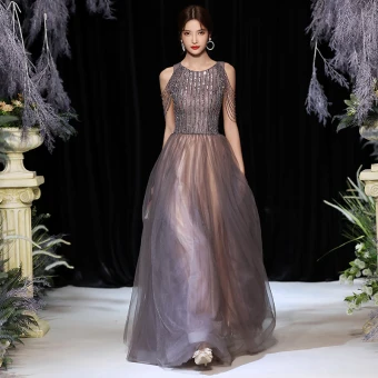 High End Brown Prom Dresses 2020 A Line Princess Scoop Neck Sleeveless Beading Sequins Floor Length Long Ruffle Backless Formal Dresses