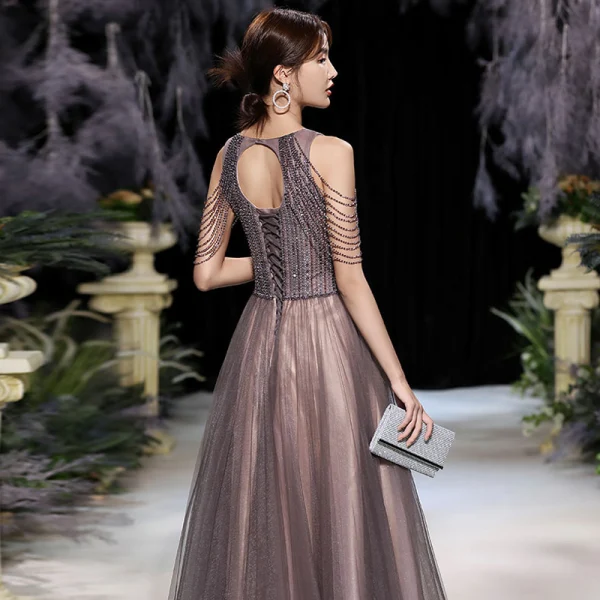 High-end Brown Prom Dresses 2020 A-Line / Princess Scoop Neck Sleeveless Beading Sequins Floor-Length / Long Ruffle Backless Formal Dresses