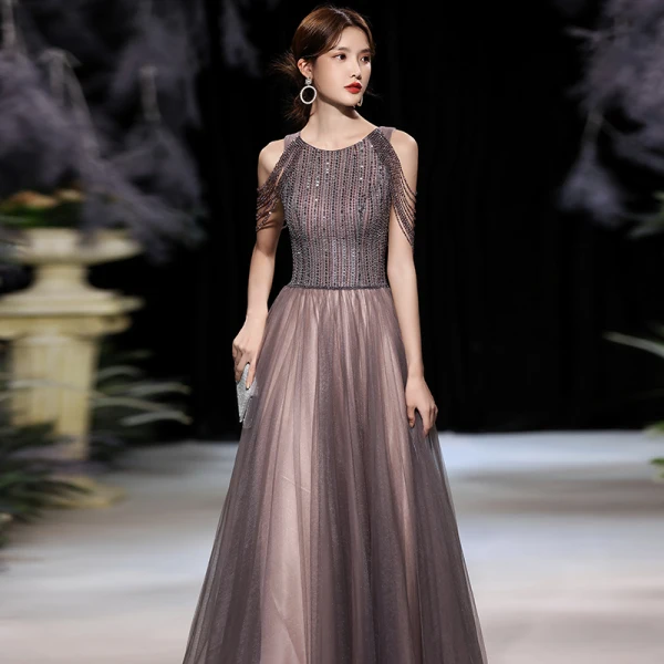 High-end Brown Prom Dresses 2020 A-Line / Princess Scoop Neck Sleeveless Beading Sequins Floor-Length / Long Ruffle Backless Formal Dresses