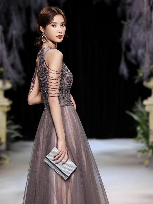 High-end Brown Prom Dresses 2020 A-Line / Princess Scoop Neck Sleeveless Beading Sequins Floor-Length / Long Ruffle Backless Formal Dresses