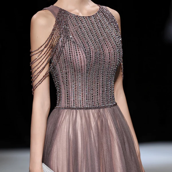 High-end Brown Prom Dresses 2020 A-Line / Princess Scoop Neck Sleeveless Beading Sequins Floor-Length / Long Ruffle Backless Formal Dresses