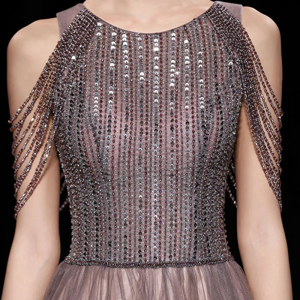 High-end Brown Prom Dresses 2020 A-Line / Princess Scoop Neck Sleeveless Beading Sequins Floor-Length / Long Ruffle Backless Formal Dresses