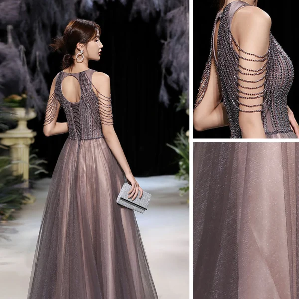 High-end Brown Prom Dresses 2020 A-Line / Princess Scoop Neck Sleeveless Beading Sequins Floor-Length / Long Ruffle Backless Formal Dresses