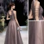 High-end Brown Prom Dresses 2020 A-Line / Princess Scoop Neck Sleeveless Beading Sequins Floor-Length / Long Ruffle Backless Formal Dresses