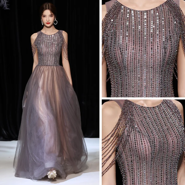 High-end Brown Prom Dresses 2020 A-Line / Princess Scoop Neck Sleeveless Beading Sequins Floor-Length / Long Ruffle Backless Formal Dresses