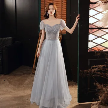 Illusion Grey Dancing Prom Dresses 2020 A Line Princess See Through Scoop Neck Short Sleeve Beading Sequins Glitter Tulle Floor Length Long Ruffle Backless Formal Dresses