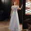 Illusion Gris Dansant Robe De Bal 2020 Princesse Transparentes Encolure Dégagée Manches Courtes Perlage Paillettes Glitter Tulle Longue Volants Dos Nu Robe De Ceremonie