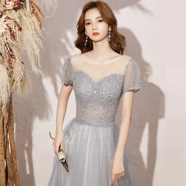 Illusion Gris Dansant Robe De Bal 2020 Princesse Transparentes Encolure Dégagée Manches Courtes Perlage Paillettes Glitter Tulle Longue Volants Dos Nu Robe De Ceremonie