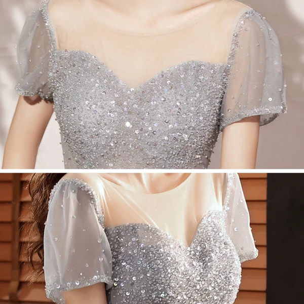 Illusion Gris Dansant Robe De Bal 2020 Princesse Transparentes Encolure Dégagée Manches Courtes Perlage Paillettes Glitter Tulle Longue Volants Dos Nu Robe De Ceremonie