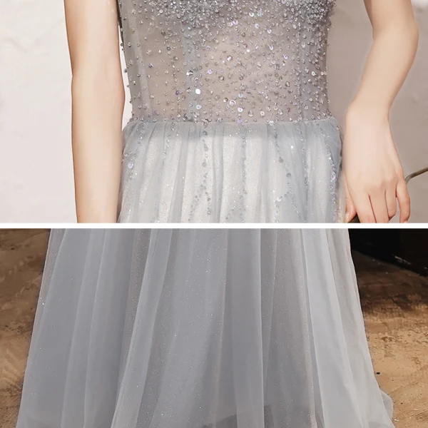 Illusion Gris Dansant Robe De Bal 2020 Princesse Transparentes Encolure Dégagée Manches Courtes Perlage Paillettes Glitter Tulle Longue Volants Dos Nu Robe De Ceremonie