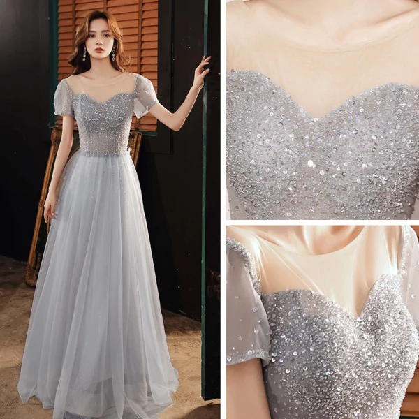Illusion Gris Dansant Robe De Bal 2020 Princesse Transparentes Encolure Dégagée Manches Courtes Perlage Paillettes Glitter Tulle Longue Volants Dos Nu Robe De Ceremonie