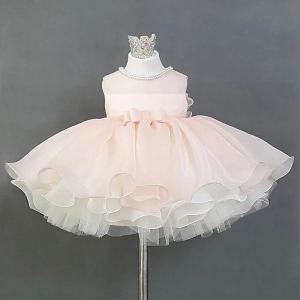 Lovely Pearl Pink Organza Birthday Flower Girl Dresses 2020 Ball Gown Scoop Neck Sleeveless Pearl Bow Short Ruffle Wedding Party Dresses