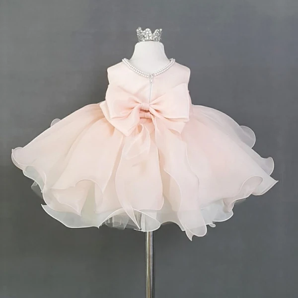 Lovely Pearl Pink Organza Birthday Flower Girl Dresses 2020 Ball Gown Scoop Neck Sleeveless Pearl Bow Short Ruffle Wedding Party Dresses