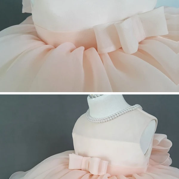 Lovely Pearl Pink Organza Birthday Flower Girl Dresses 2020 Ball Gown Scoop Neck Sleeveless Pearl Bow Short Ruffle Wedding Party Dresses