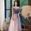 Elegant Purple Prom Dresses Formal Dresses Floor-Length / Long Tulle Dancing Short Sleeve A-Line / Princess 2020 Scoop Neck Backless Beading Glitter Ruffle Sequins
