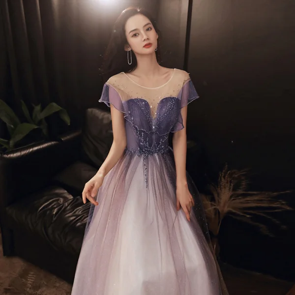 Elegant Purple Prom Dresses Formal Dresses Floor-Length / Long Tulle Dancing Short Sleeve A-Line / Princess 2020 Scoop Neck Backless Beading Glitter Ruffle Sequins