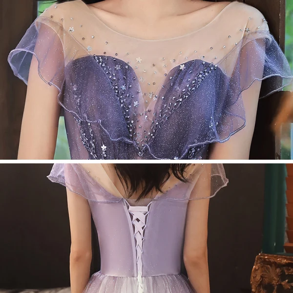 Elegant Purple Prom Dresses Formal Dresses Floor-Length / Long Tulle Dancing Short Sleeve A-Line / Princess 2020 Scoop Neck Backless Beading Glitter Ruffle Sequins