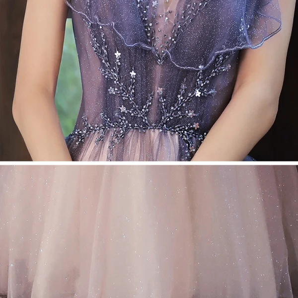 Elegant Purple Prom Dresses Formal Dresses Floor-Length / Long Tulle Dancing Short Sleeve A-Line / Princess 2020 Scoop Neck Backless Beading Glitter Ruffle Sequins