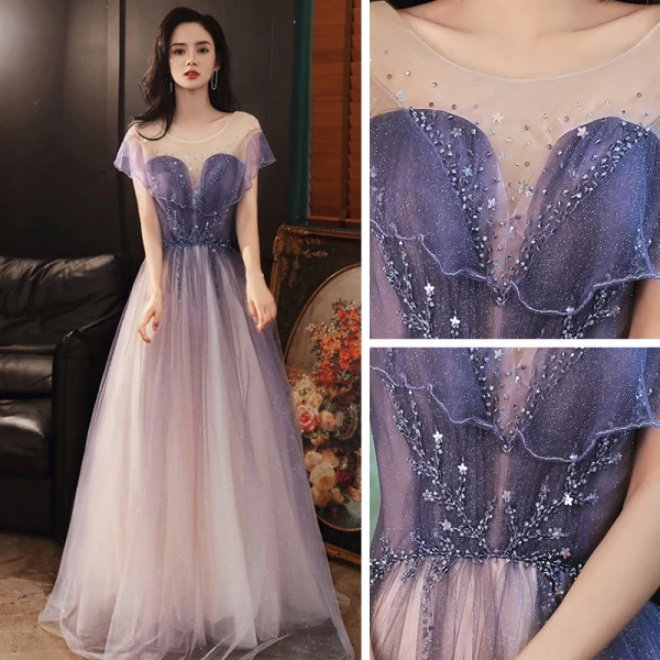 Elegant Purple Prom Dresses Formal Dresses Floor-Length / Long Tulle Dancing Short Sleeve A-Line / Princess 2020 Scoop Neck Backless Beading Glitter Ruffle Sequins