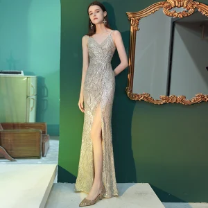 Sparkly Silver Evening Dresses 2020 Trumpet Mermaid Spaghetti Straps Sleeveless Sequins Split Front Floor Length Long Ruffle Backless Formal Dresses