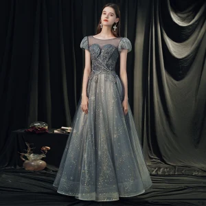 High End Mørk Marineblå Dancing Ballkjoler 2020 Prinsesse Gjennomsiktig Scoop Halsen Puffy Korte Ermer Beading Glitter Tyll Lange Buste Ryggløse Formelle Kjoler
