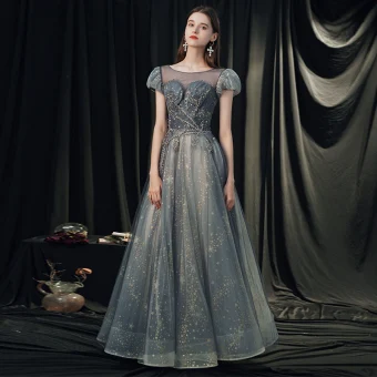 Haut De Gamme Bleu Marine Dansant Robe De Bal 2020 Princesse Transparentes Encolure Dégagée Gonflée Manches Courtes Perlage Glitter Tulle Longue Volants Dos Nu Robe De Ceremonie