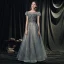 High-end Navy Blue Dancing Prom Dresses 2020 A-Line / Princess See-through Scoop Neck Puffy Short Sleeve Beading Glitter Tulle Floor-Length / Long Ruffle Backless Formal Dresses