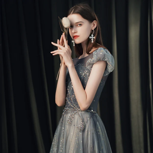 High-end Navy Blue Dancing Prom Dresses 2020 A-Line / Princess See-through Scoop Neck Puffy Short Sleeve Beading Glitter Tulle Floor-Length / Long Ruffle Backless Formal Dresses