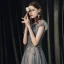 High-end Navy Blue Dancing Prom Dresses 2020 A-Line / Princess See-through Scoop Neck Puffy Short Sleeve Beading Glitter Tulle Floor-Length / Long Ruffle Backless Formal Dresses