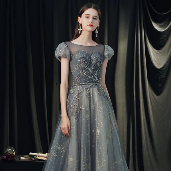 High-end Navy Blue Dancing Prom Dresses 2020 A-Line / Princess See-through Scoop Neck Puffy Short Sleeve Beading Glitter Tulle Floor-Length / Long Ruffle Backless Formal Dresses