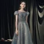 High-end Navy Blue Dancing Prom Dresses 2020 A-Line / Princess See-through Scoop Neck Puffy Short Sleeve Beading Glitter Tulle Floor-Length / Long Ruffle Backless Formal Dresses