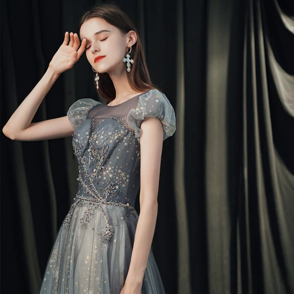 High-end Navy Blue Dancing Prom Dresses 2020 A-Line / Princess See-through Scoop Neck Puffy Short Sleeve Beading Glitter Tulle Floor-Length / Long Ruffle Backless Formal Dresses
