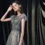 High-end Navy Blue Dancing Prom Dresses 2020 A-Line / Princess See-through Scoop Neck Puffy Short Sleeve Beading Glitter Tulle Floor-Length / Long Ruffle Backless Formal Dresses