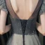 High-end Navy Blue Dancing Prom Dresses 2020 A-Line / Princess See-through Scoop Neck Puffy Short Sleeve Beading Glitter Tulle Floor-Length / Long Ruffle Backless Formal Dresses