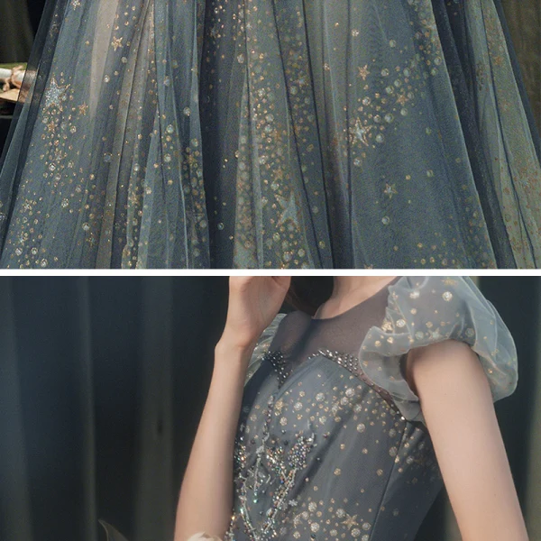 High-end Navy Blue Dancing Prom Dresses 2020 A-Line / Princess See-through Scoop Neck Puffy Short Sleeve Beading Glitter Tulle Floor-Length / Long Ruffle Backless Formal Dresses