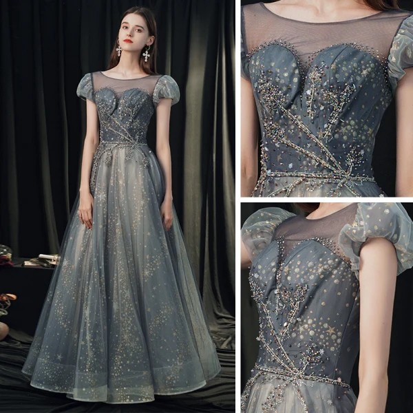 High-end Navy Blue Dancing Prom Dresses 2020 A-Line / Princess See-through Scoop Neck Puffy Short Sleeve Beading Glitter Tulle Floor-Length / Long Ruffle Backless Formal Dresses
