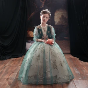 Style Victorien Vert Robe Ceremonie Fille 2020 Princesse Encolure Dégagée Gonflée 3 4 Manches Perlage Glitter Tulle Longue Volants